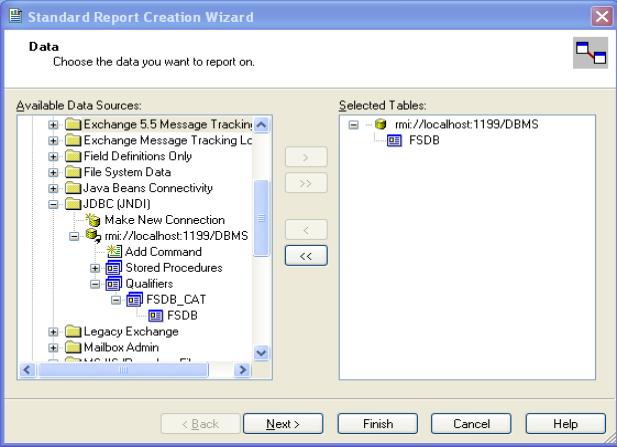 7 This adds a new entry under JDBC(JNDI) in the Available Data Sources list on the Standard Report Creation Wizard Data