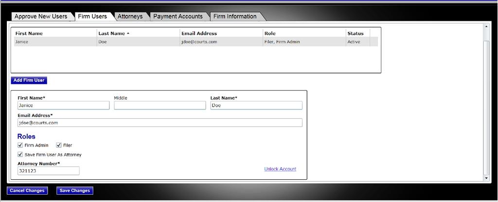 Odyssey File & Serve UNLOCKING USER ACCOUNTS The unlocking user accounts feature allows the Firm Administrator to unlock a user s account.