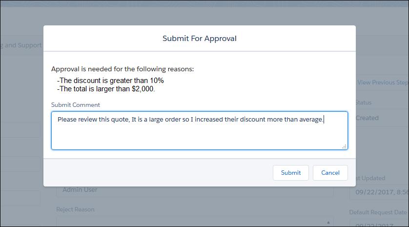 Example of a Quote with the Approval Status, Approval History, and Approval Revision Fields This Approvals process supports simple approvals as well as, multiple serial or parallel approvers.