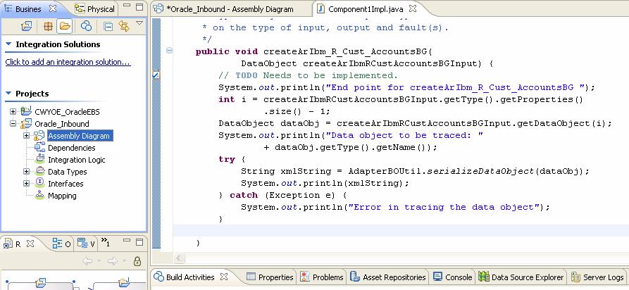 code in the next section in this user guide, titled Java code for inbound component implementation. 5. When you are finished adding the custom code, select File Save to save the component code.