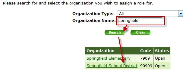 Click on the link of the organization you wish to select.