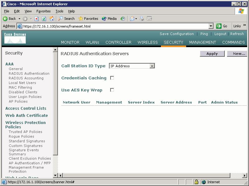 Click the Security link at the top of the WLC interface. WLC RADIUS Server Configuration Click New to add a new server.