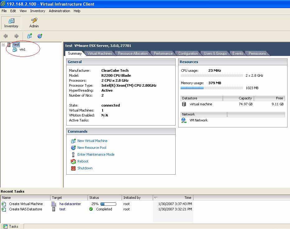 26. The Inventory view shows a VM icon below the ESX Server icon on the left-hand portion of the screen. A progress meter is shown in the Recent Tasks area at the bottom of the window. Figure 8.
