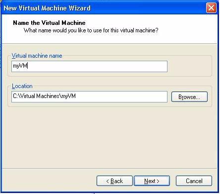 6. Type a name for the virtual machine in the Virtual machine name text box, and then click Browse to specify the directory where VMware Server will place the VM.
