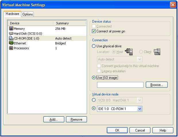 2. Click CD-ROM on the Hardware tab, and then choose Use ISO in the Connection pane.