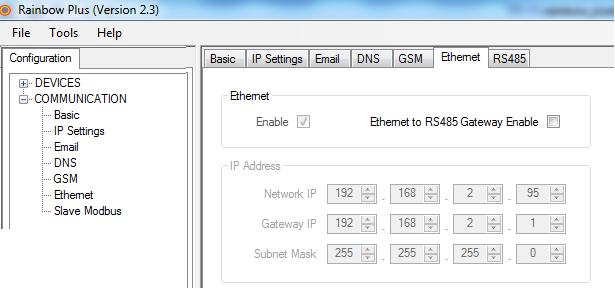 Select Communication > Ethernet tab Click on Ethernet Enable parameter Enter IP settings if static IP is required When parameter editing is over, click Write To Device