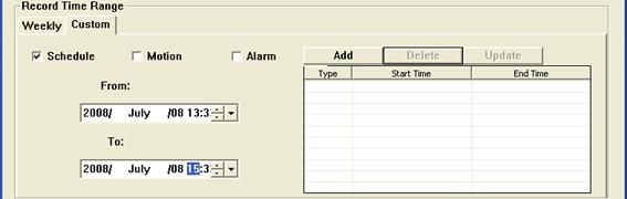 a) Select the desired record type(s) (Schedule / Motion / Alarm), and set the start & end date and time.