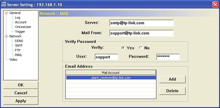 Click (Miscellaneous Control) (Server Setting) Network MAIL to go into the MAIL page. Enter the detailed E-mail information and press Apply to confirm.