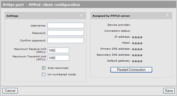 The following configuration options are available if you select the Bridge interface in the table. By default, the Bridge interface operates as a DHCP client.