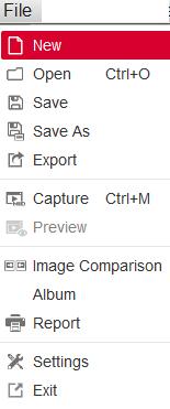 Shown below is the corresponding tool bar: Menus and tools / File / New The New command enables to create a new image file: Select the