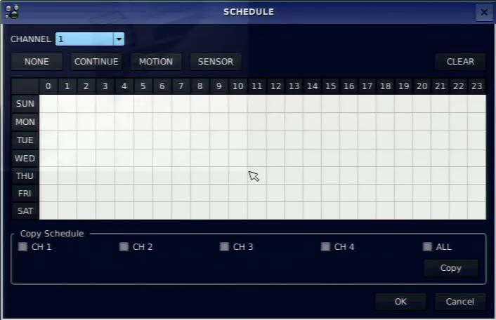 2.3.1 Recording Schedules To setup a recording schedule, select SCHEDULE in the RECORD menu. Navigate through the menu items using the mouse or the control buttons on the remote control. 1.