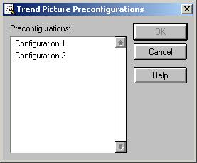 1MRS755361 MicroSCADA Pro LIB 510 *4.1 Fig. 2.5.3.1.-1 Trend Picture Preconfigurations dialog The names of the saved preconfigurations are shown on the list.