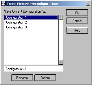 LIB 510 *4.1 MicroSCADA Pro 1MRS755361 TrendSave1 Fig. 2.6.-1 Save Trend Preconfigurations dialog The existing preconfigurations can be deleted and renamed.
