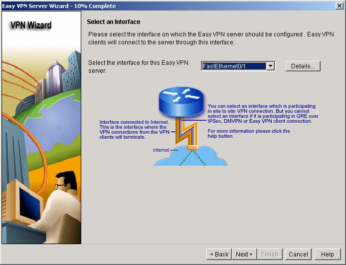 Select the outside interface on which the Cisco Easy VPN server should be configured; in this scenario the