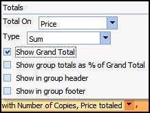 On drop-down list and check the box to show group totals as % of Grand Total. The % field should immediately be filled in the Report Footer section.
