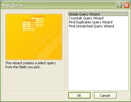 . In the Other group, select Query Wizard.. Select Simple Query Wizard and click OK. 4.