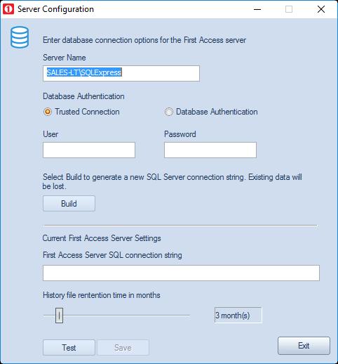 Note: If remote SQL server is used, enter the SQL server name and its instance if applicable. Select Database Authentication and enter a SQL user name and password.