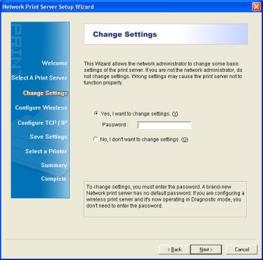 5. On the Change Settings screen as shown in Figure 3-5, select Yes or No. Select Yes if you want to change the settings. The TL-PS110U is produced without password.