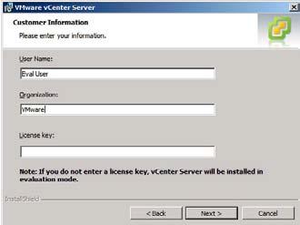 For the purposes of this guide, leave the License key field blank in order to install vcenter Server in