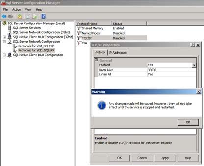Under the SQL Server Network Configuration, select Protocols for VCD_SQLEXP on the left-hand navigation pane.