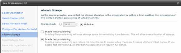 You are then prompted to define how to allocate storage within the organization vdc.