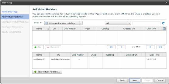 You will now see the virtual machine you specified listed in the Virtual Machines table. We will be adding only one virtual machine to this vapp. Click Next to continue.