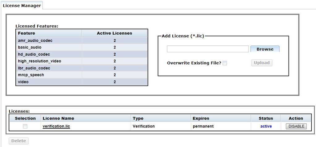 The license name is verification.lic. On the License > License Manager page, you can view the licensed features currently enabled on PowerMedia XMS.