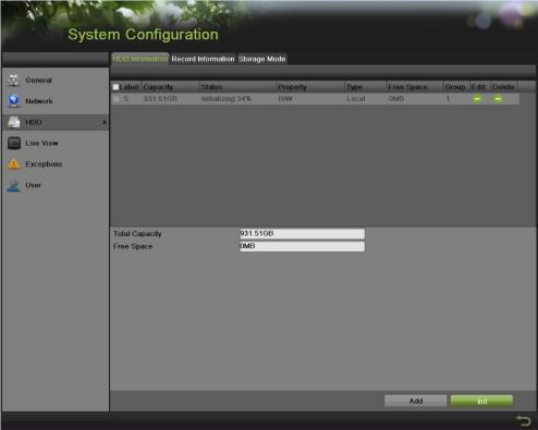HYBRID DVR/NVR 4. Formatting a Disk (cont.) 3. Click the Init button. 4. A confirmation message will appear on the screen.
