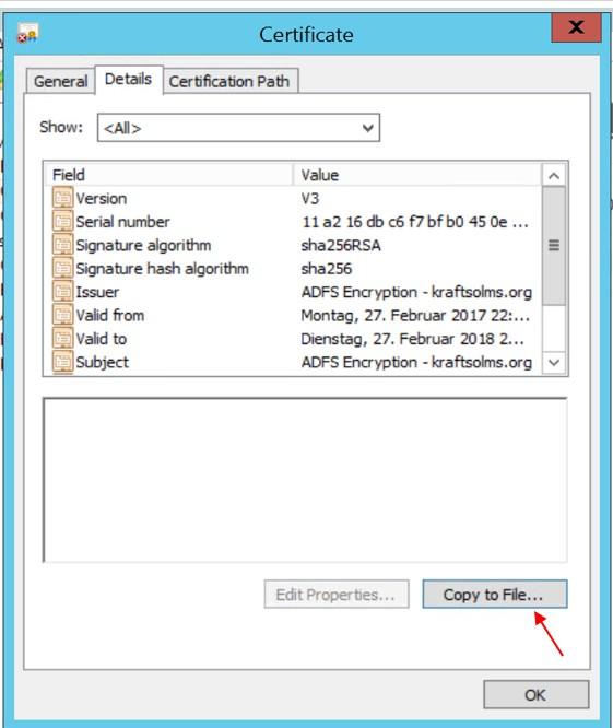 Export Certificate from ADFS Server 1) In ADFS, select the Certificate option under ADFS/Service 2) Double click the certificate to export.