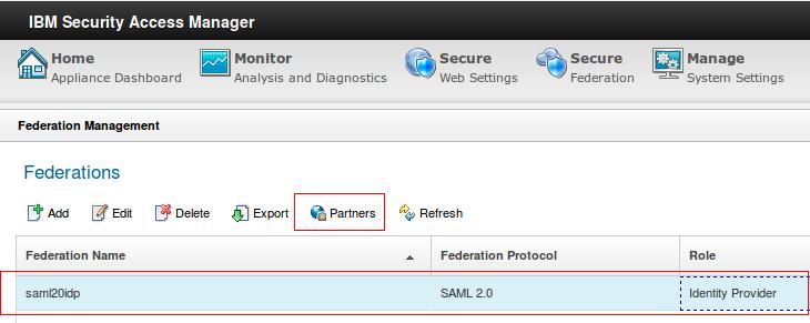 Select the saml20idp federation and click Partners.