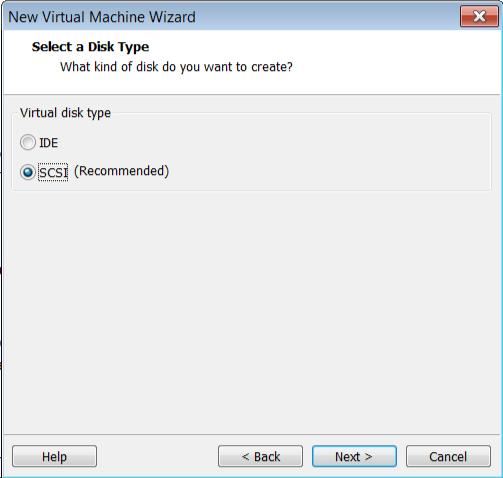 Select SCSI as the Virtual disk type and press Next to continue.