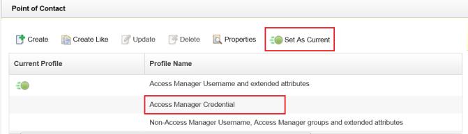 Select Access Manager Credential profile and Set As Current profile. This will set the fim.cred.response.header.name key to am-eai-pac.