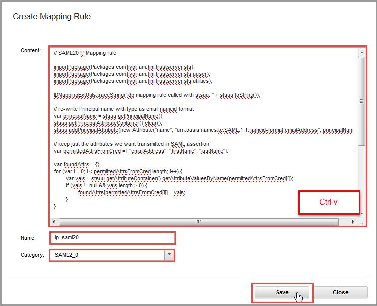 Click Add to add a new mapping rule. Paste the rule text into the Content box. On Windows you can use Ctrl-c to paste. Enter ip_saml20 as the rule Name and select SAML2_0 as the Category.