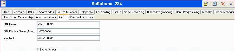 The following screen shows the Voicemail tab for the user with extension 234.