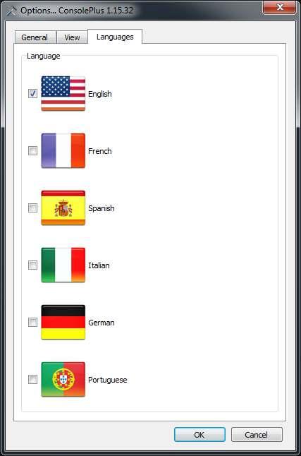 Languages tab Six languages available to select from