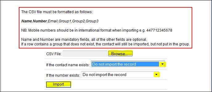 csv format (comma delimited) and mobile numbers must be in international format, i.
