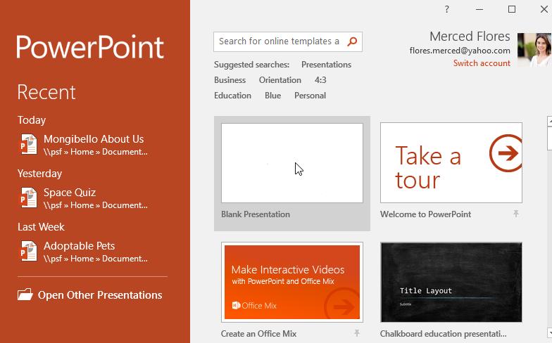 1.2 Mengenali Skrin Microsoft PowerPoint 1.2.1 Antaramuka PowerPoint Pertama kali membuka PowerPoint, Start Screen akan