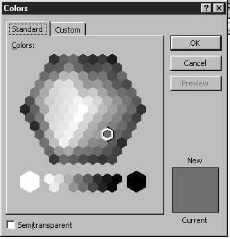 Fills the object with the default color for fills defined in the template Allows you to choose additional colors either from a pallette of 256 colors or specifying a color from a custom definition