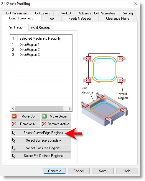 36 5.1 Machining Features/Regions 2. Under the Control Geometry tab pick Select Curve/Edge Regions.