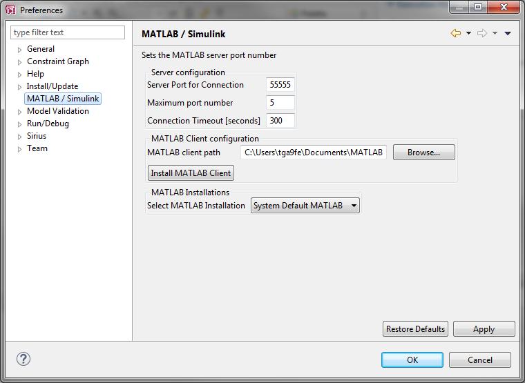 Press the Install MATLAB Client A pop-up should inform you about the result of the configuration process For