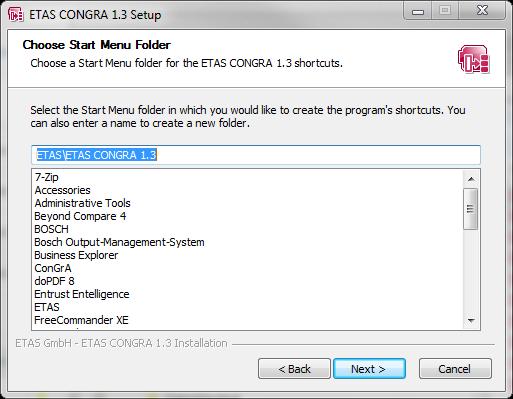 9. Select the Start menu folder ETAS CONGRA 1.3 should be added to. 10.