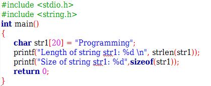 strlen vs sizeof strlen returns you the length of the string stored in array, however sizeof returns the total allocated size assigned to the array.