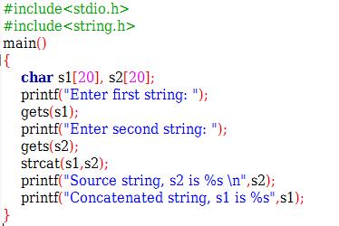 strcat( ) In C programming, strcat() concatenates(joins) two strings. It takes two arguments, i.