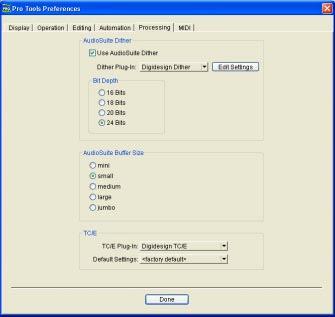The AudioSuite Processing Preferences Dialog Before you begin using AudioSuite plug-ins, use the Preferences dialog (Setups > Preferences > Processing) to configure default AudioSuite options