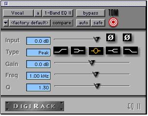 chapter 4 DigiRack Real-Time TDM and RTAS Plug-Ins EQ II The DigiRack EQs included with Pro Tools feature a 1-band and a 4-band EQ.