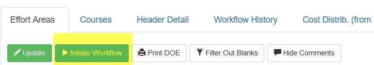 Change to the Effort Areas tab of the DOE Detail page for Workflow processing options.