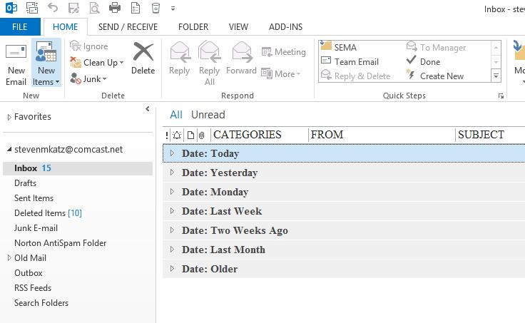 Outlook Environment - 2013 Quick Access Toolbar Tabs Title Bar Command