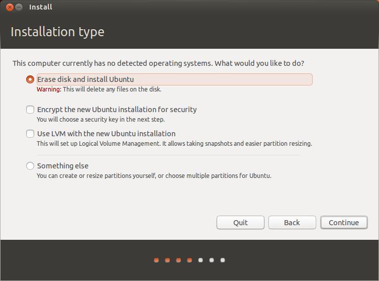5. Partition the empty space To install Ubuntu alongside Windows 8 and therefore to do this choose "Something Else". This is the simplest choice.