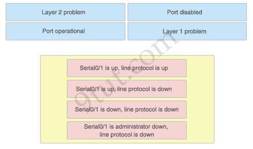 Answer: 1) Port operational: Serial0/1 is up, line protocol is up 2) Layer 2 problem: Serial0/1 is up, line protocol is down 3) Layer 1