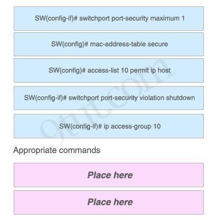 Answer: Appropriate commands: SW(config-if)# switchport port-security maximum 1 SW(config-if)# switchport port-security violation